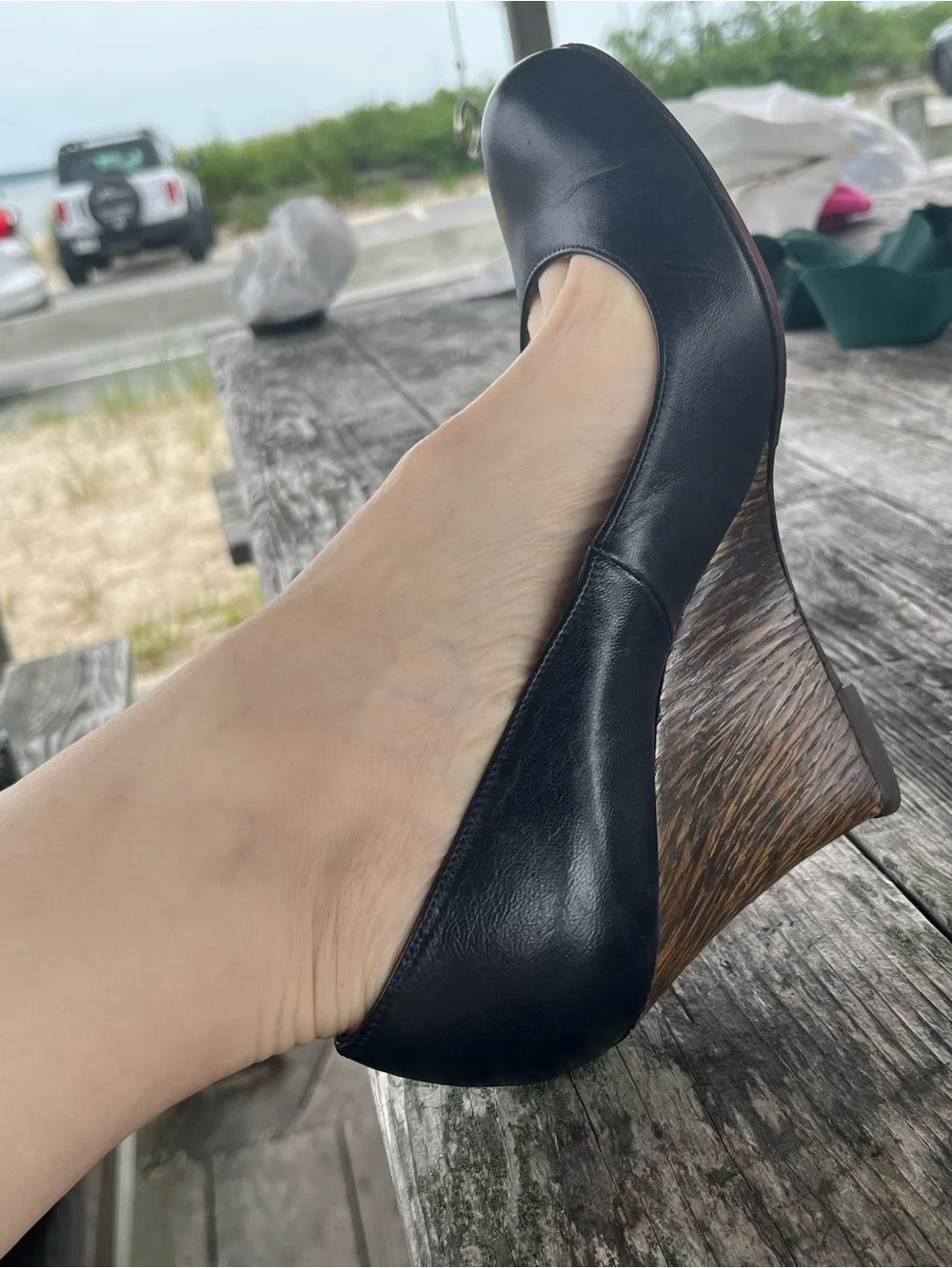 Christian Louboutin Black Leather Wedge Pumps with Red Soles good cond sz 8